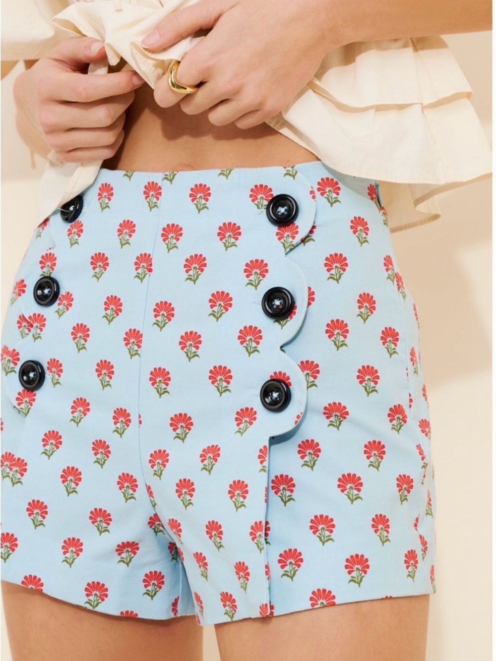 Maeve Light Blue Floral Print Shorts with Red Flowers